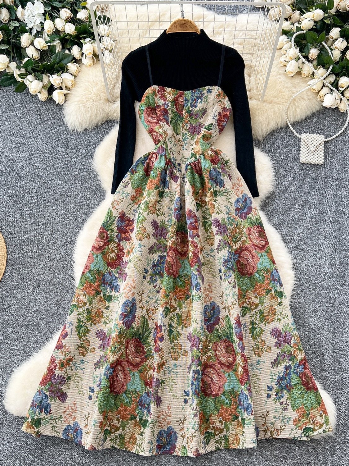 Woman Sets Jacquard Embroidery Long Sleeve Bottomed Ropa Court Style 2 Piece Set