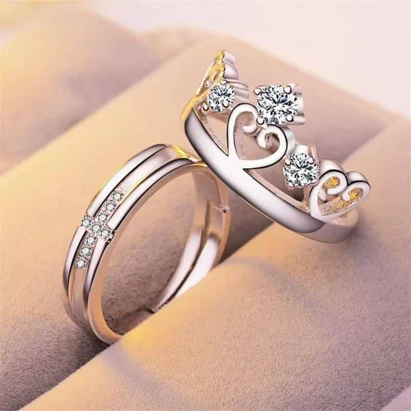 2Pcs/Set Trendy Fashion Man Women Couple Crown Open Silver Ring