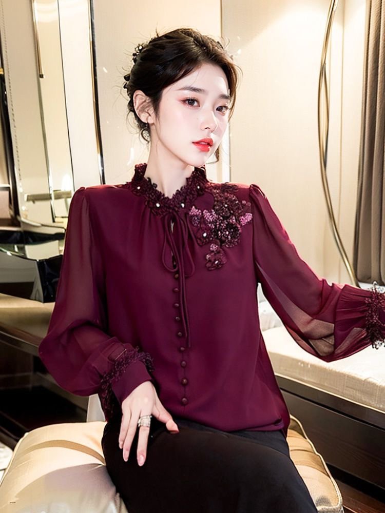 3D Flower Diamonds Chiffon Ruffles Collar Long Sleeve French Shirts Casual Wine Red Tops