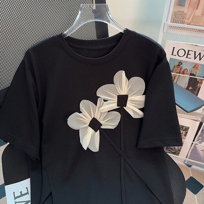 Women Black Flower Ribbon Casual T-shirt Short Sleeve Fashion Tide Spring Summer