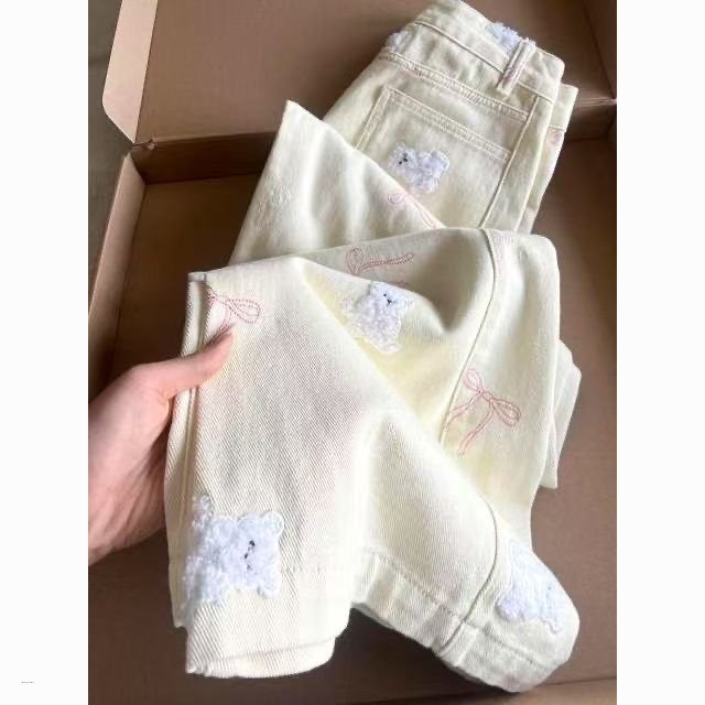 Studio Sweet Embroidered Bear Pattern Loose Casual Jeans