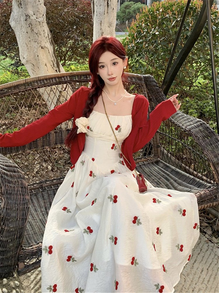 Elegant Fashion Cherry Crushed Long Sleeve Cardigan Dress Set