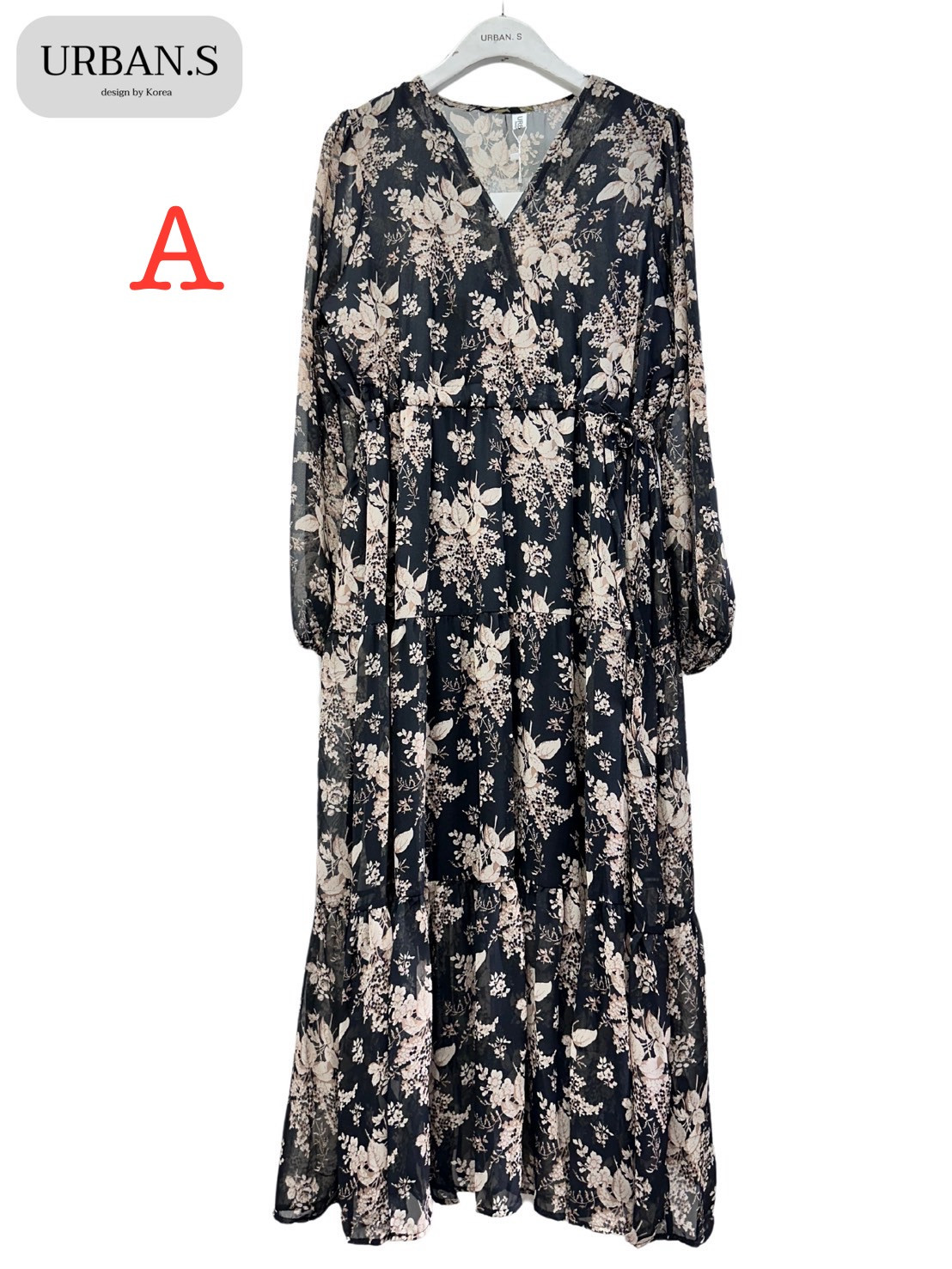 URBAN'S Floral V Neck Puff Sleeve Chiffon Dress