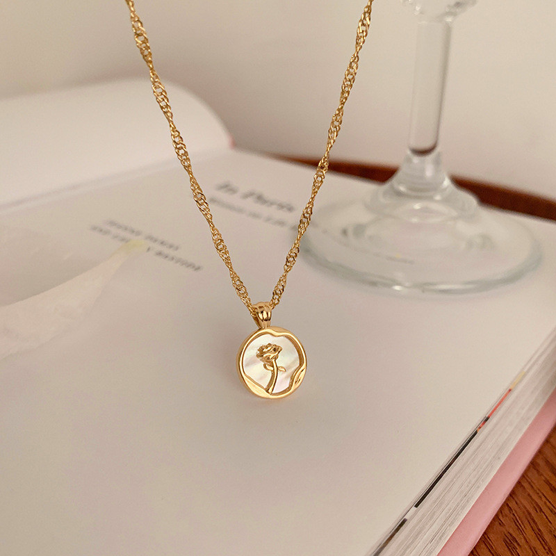 French Rose Flower Round Enamel Necklace