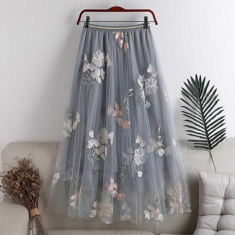 Korean Fashion Floral  Embroidery Mesh Skirt