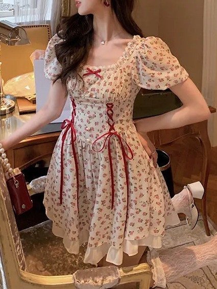 Korean Mini Floral Ribbon Decoration A-Line Summer Dress
